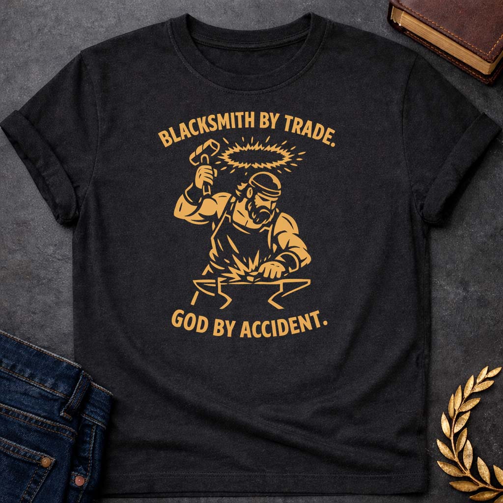 hephaestus blacksmith by trade god by accident greek mythology youth t shirt featuring blacksmith hammer, forge sparks, fire god symbolism in industrial mythology design