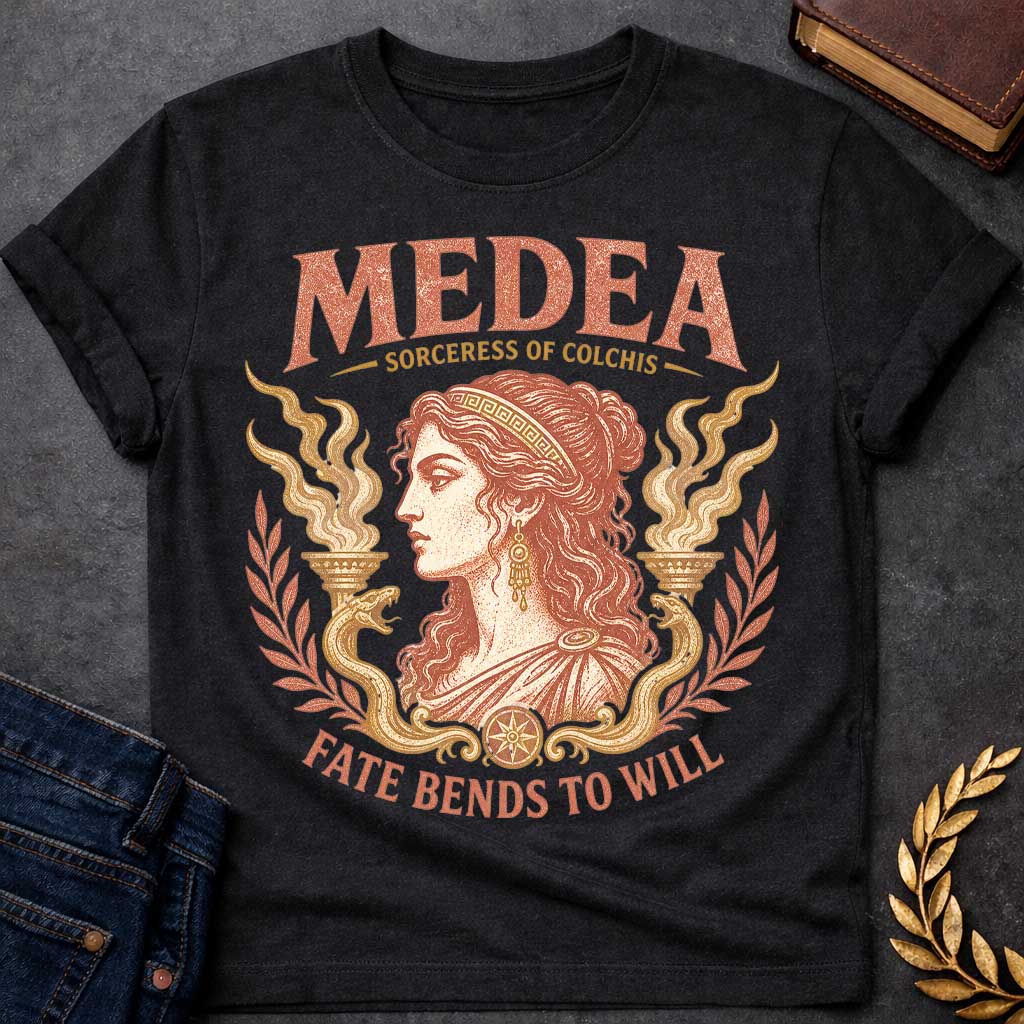 Black t-shirt with a Vintage Medea Greek mythology design featuring the Sorceress of Colchis in an elegant classical portrait, framed by mystical flames, serpents, and laurel branches. Distressed terracotta and gold artwork includes bold text reading “Medea,” “Sorceress of Colchis,” and “Fate Bends to Will,” creating a dramatic ancient Greek aesthetic.