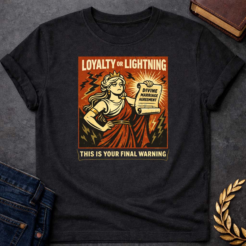 hera loyalty or lightning greek mythology adult t shirt featuring detailed Greek mythology artwork, symbolic design, and bold graphic style