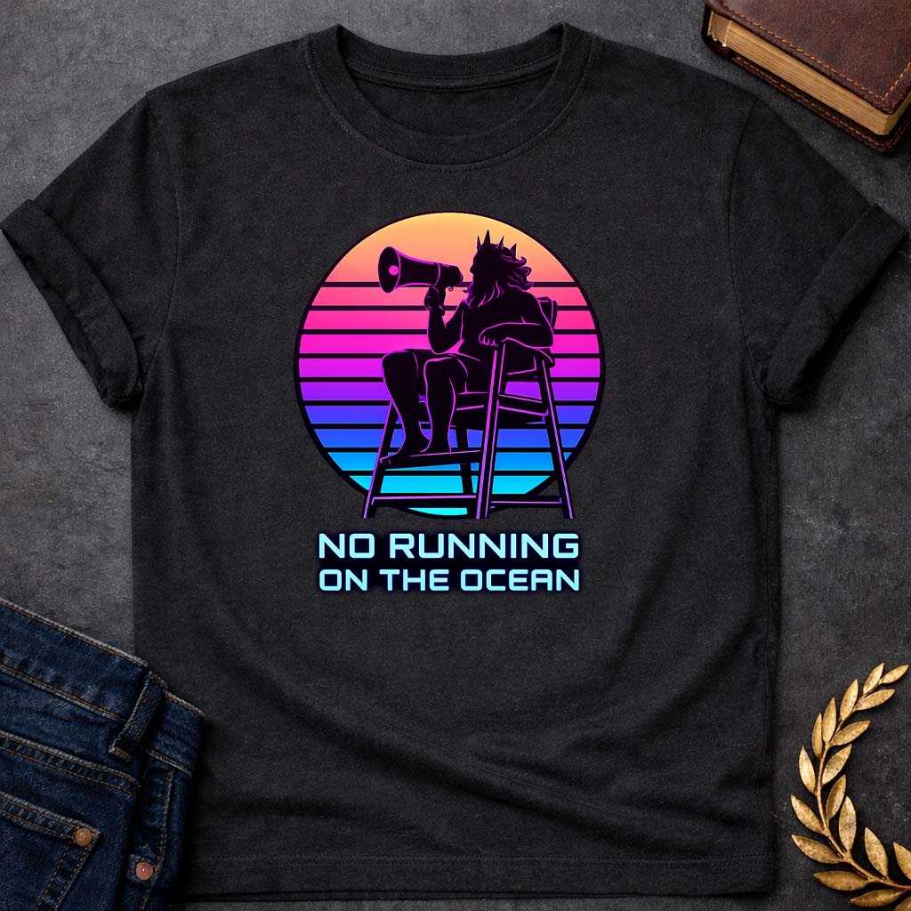 poseidon no running on the ocean greek mythology youth t shirt featuring trident, ocean waves, sea god symbolism in Greek mythology design