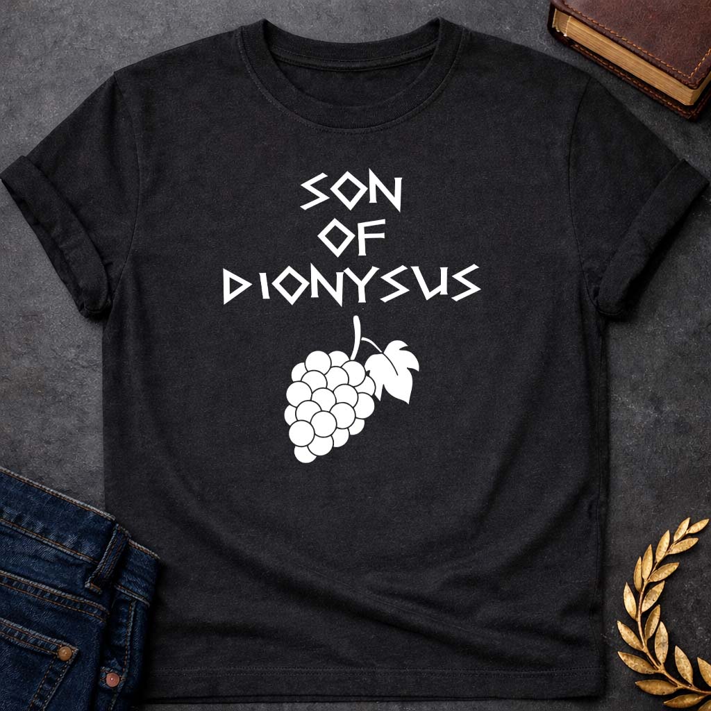 son of dionysus greek mythology unisex softstyle adult t shirt featuring detailed Greek mythology artwork, symbolic design, and bold graphic style
