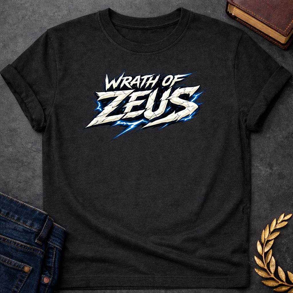zeus wrath of zeus greek mythology youth t shirt featuring lightning bolt, sky god power symbolism in bold Greek mythology design