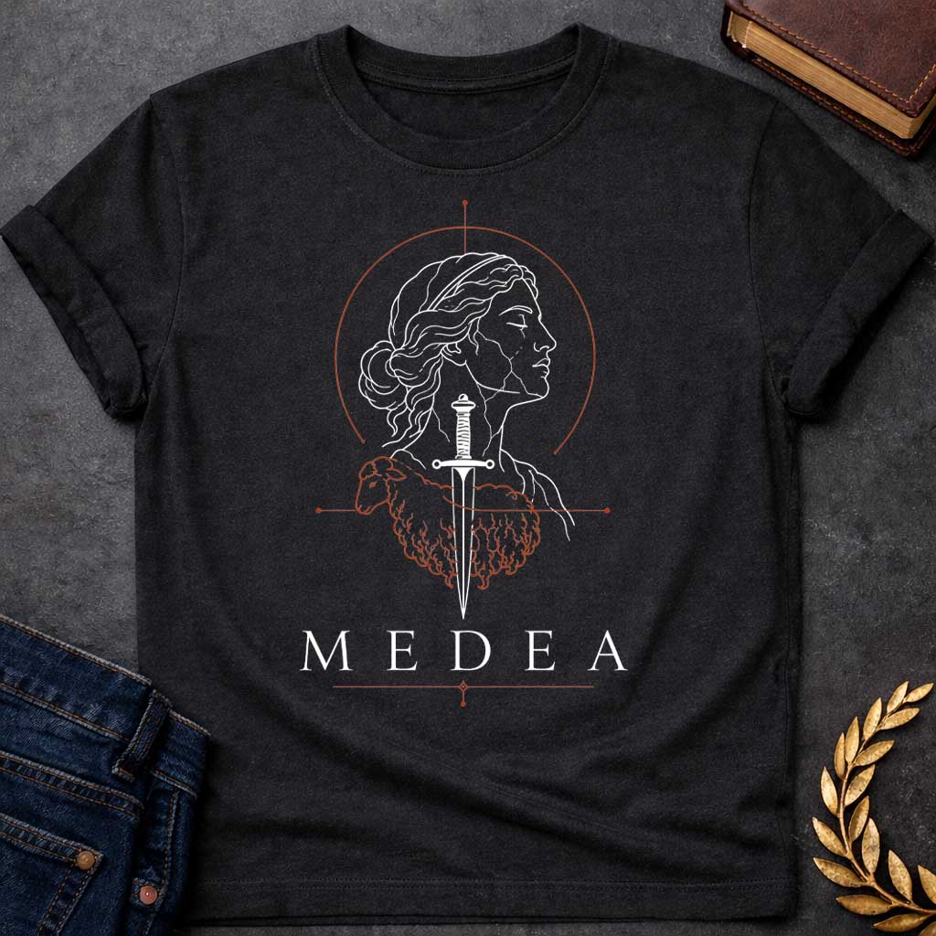 Black T-shirt with a Minimalist line art portrait of Medea in classical profile with wavy hair. A black sword pierces through her head and neck. Red geometric elements form a crown above and a coiled dragon below, symbolizing her magical power and ancient lineage. Decorative line elements complete the occult aesthetic. Text reads 'Medea' below. Stark black and red design celebrates the legendary Greek sorceress's complexity—beauty, power, and dangerous knowledge intertwined.