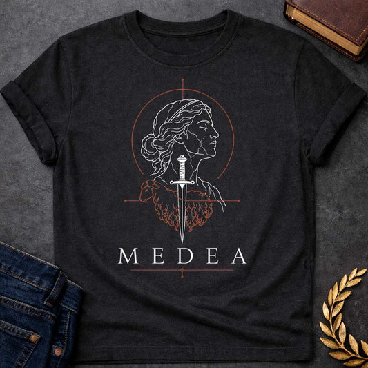 Black T-shirt with a Minimalist line art portrait of Medea in classical profile with wavy hair. A black sword pierces through her head and neck. Red geometric elements form a crown above and a coiled dragon below, symbolizing her magical power and ancient lineage. Decorative line elements complete the occult aesthetic. Text reads 'Medea' below. Stark black and red design celebrates the legendary Greek sorceress's complexity—beauty, power, and dangerous knowledge intertwined.