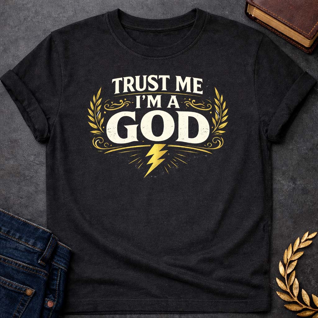 zeus trust me im a god greek mythology youth t shirt featuring lightning bolt, sky god power symbolism in bold Greek mythology design