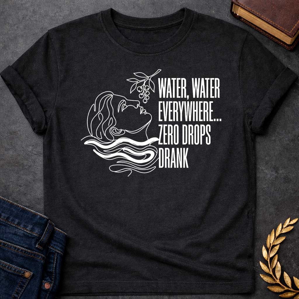 Black t-shirt with A continuous line-art illustration. Drawn in sleek white outlines with vibrant white water ripples, a classical profile tilts its head back toward a hanging fruit branch just above. Stacked to the right in tall, narrow sans-serif text, the quote reads "WATER, WATER EVERYWHERE... ZERO DROPS DRANK" for a modern, mythological-inspired design.