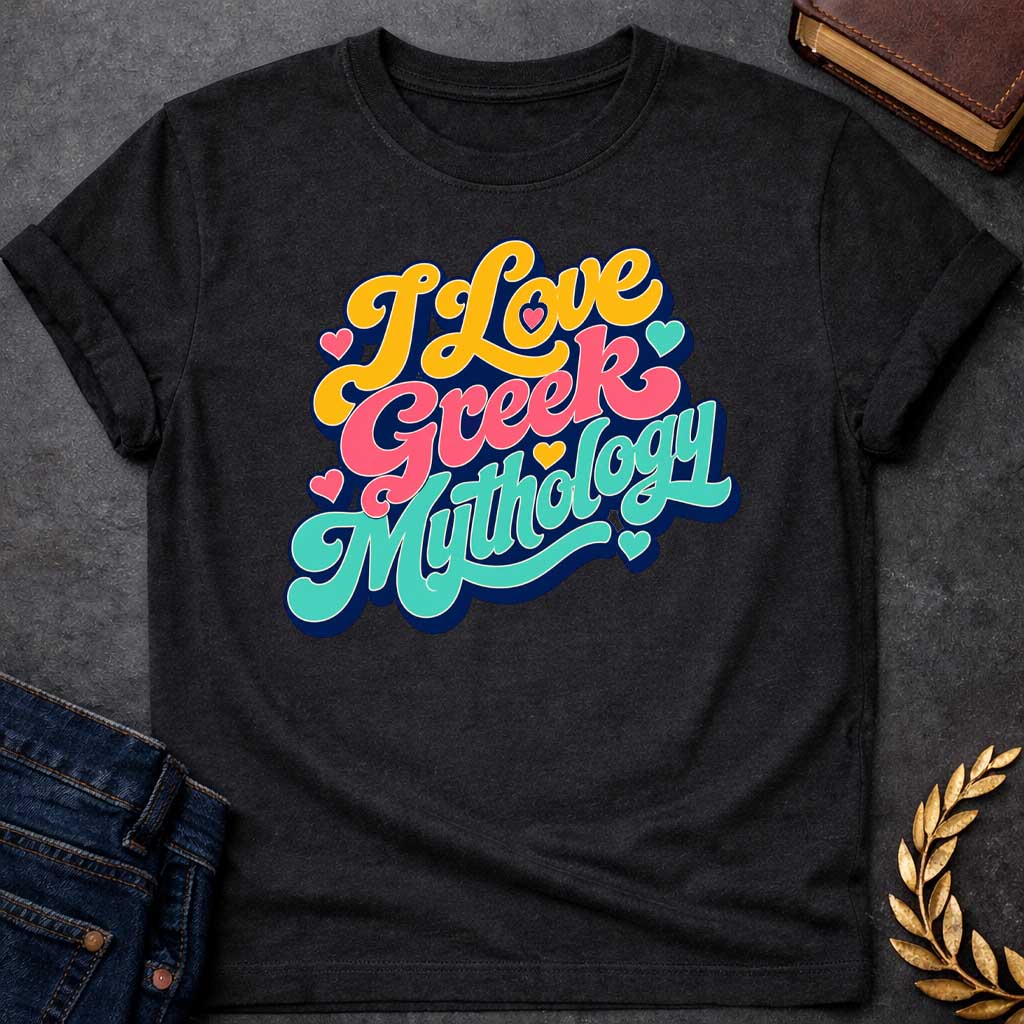 Black t-shirt with a Colorful retro typography design featuring the phrase "I Love Greek Mythology" in bold, flowing script. Bright yellow, coral pink, and turquoise lettering is layered over a dark navy outline and surrounded by playful heart accents. The vibrant vintage-inspired design celebrates a love of Greek myths, gods, goddesses, heroes, and ancient legends.