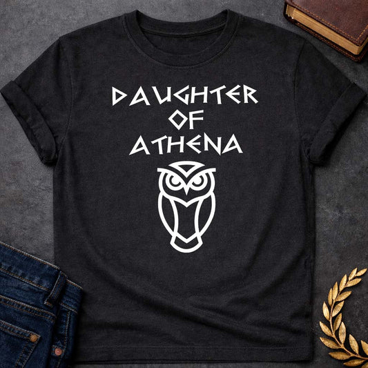 Daughter of Athena Greek Mythology Adult T-Shirt featuring owl, laurel wreath, wisdom symbolism in vintage Greek mythology design