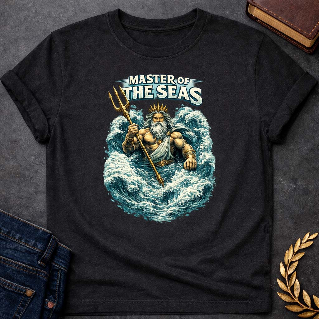 poseidon master to the seas greek mythology unisex softstyle t shirt featuring trident, ocean waves, sea god symbolism in Greek mythology design