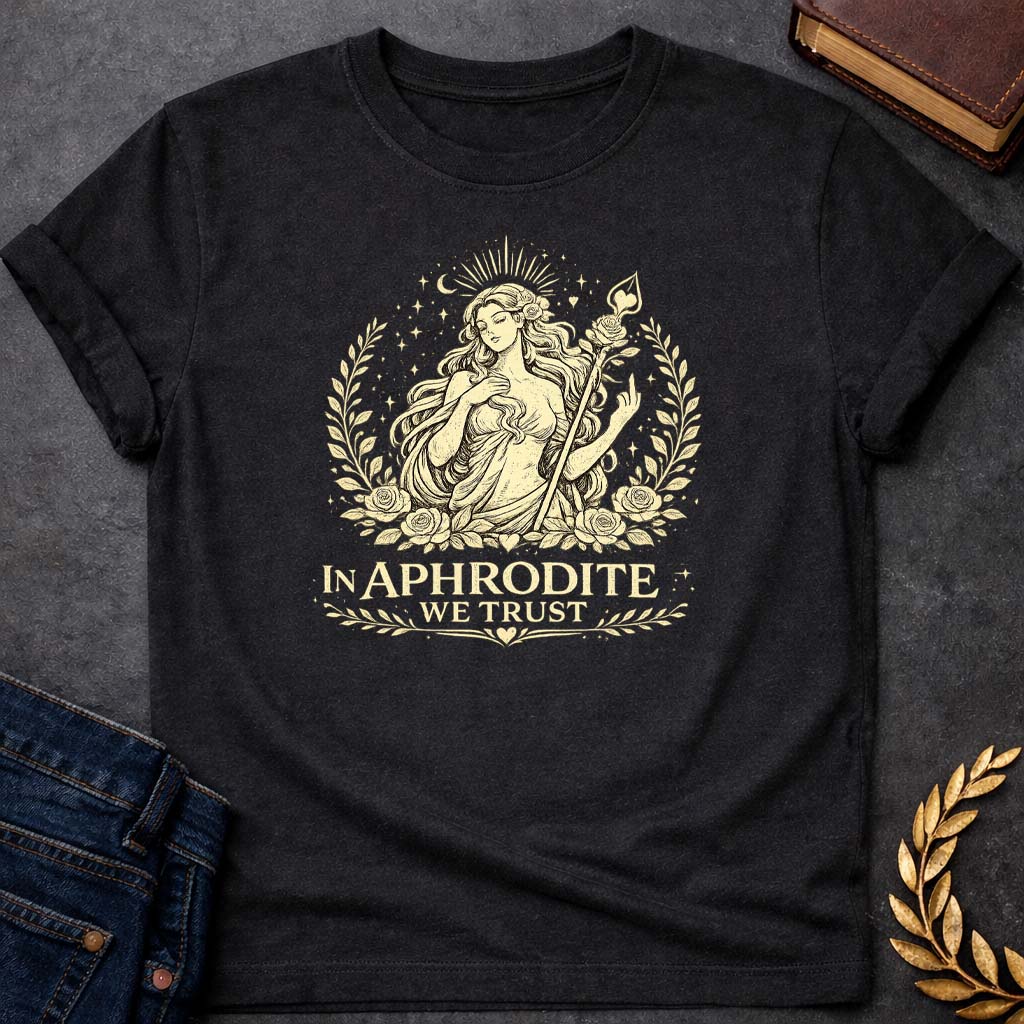in aphrodite we trust greek mythology youth heavy cotton™ tee featuring detailed Greek mythology artwork, symbolic design, and bold graphic style