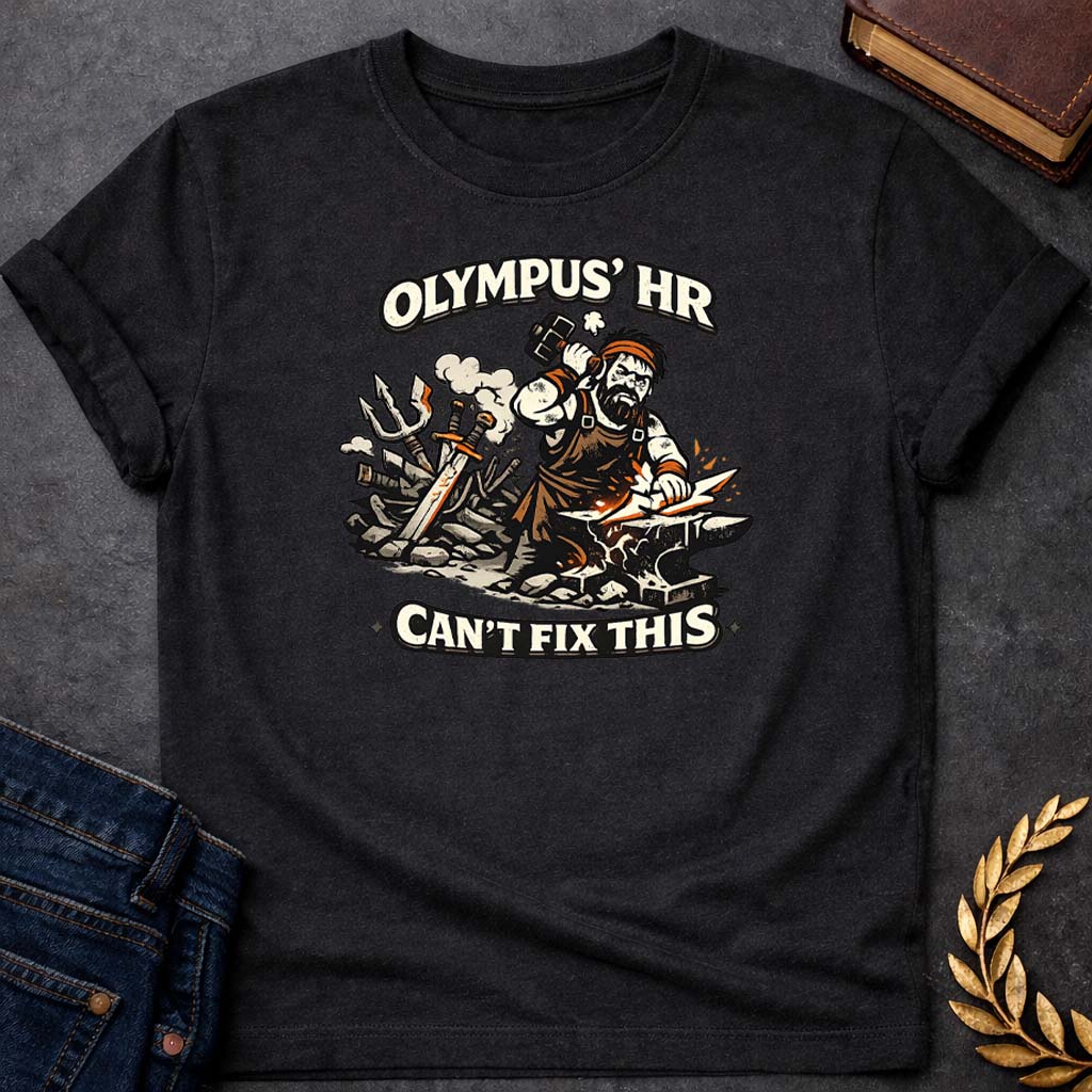 hephaestus olympus hr cant fix this greek mythology youth t shirt featuring blacksmith hammer, forge sparks, fire god symbolism in industrial mythology design