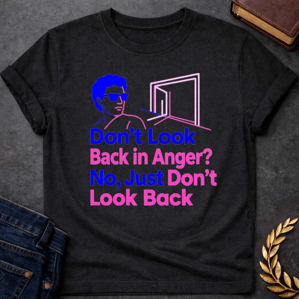 Black t-shirt in bold retro pop-art line style: a blue-outlined man in sunglasses (Orpheus-inspired) faces away from a glowing pink doorway. Large stacked text below alternates between blue and pink lettering