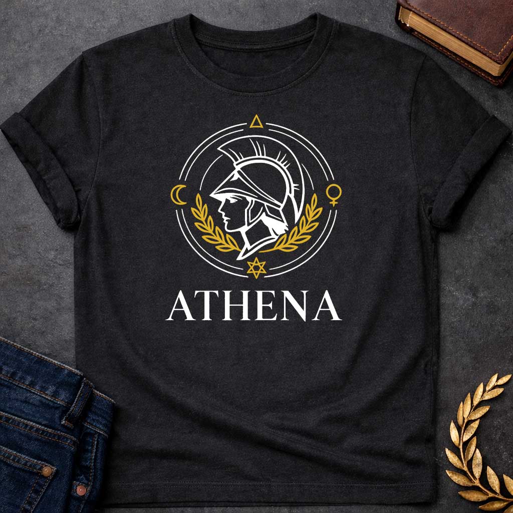 athena minimalist style greek mythology youth shirt featuring owl, laurel wreath, wisdom symbolism in vintage Greek mythology design