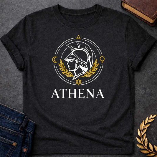 athena minimalist style greek mythology youth shirt featuring owl, laurel wreath, wisdom symbolism in vintage Greek mythology design
