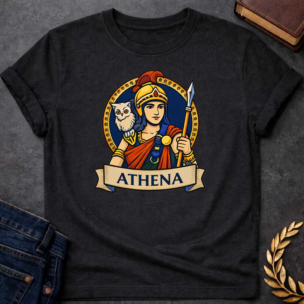 Black unisex t-shirt laid flat, featuring a colorful Greek mythology badge graphic of Athena in a golden helmet holding a spear, with a white owl on her shoulder, above a banner reading "ATHENA"