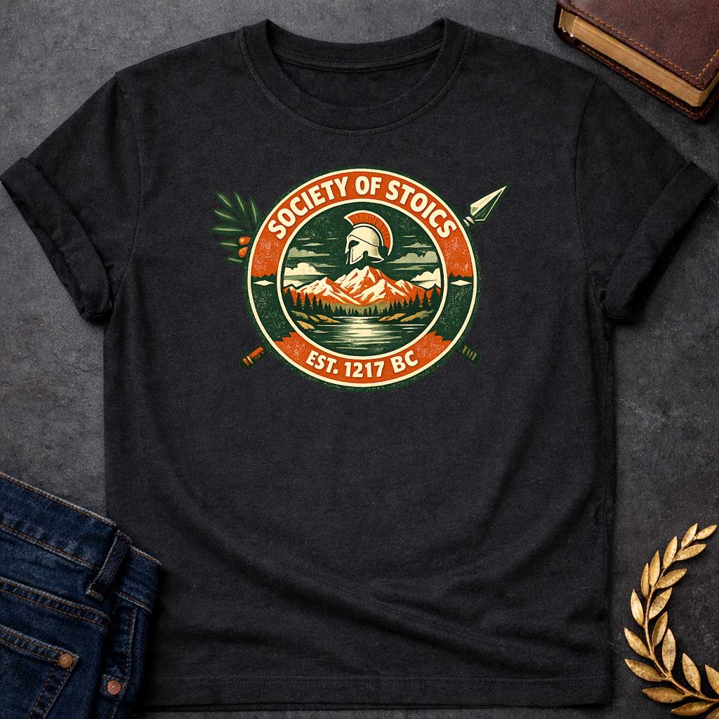 Black T-shirt graphic featuring a circular vintage badge design with the text "Society of Stoics" arched above and "Est. 1217 BC" below. The center illustration shows a Spartan helmet floating above a mountain landscape with pine trees and a reflective lake, rendered in dark green, orange, and cream tones. Two crossed spears extend behind the badge, with an olive branch decorating the upper left.
