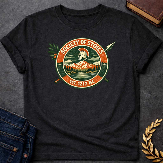 Black T-shirt graphic featuring a circular vintage badge design with the text "Society of Stoics" arched above and "Est. 1217 BC" below. The center illustration shows a Spartan helmet floating above a mountain landscape with pine trees and a reflective lake, rendered in dark green, orange, and cream tones. Two crossed spears extend behind the badge, with an olive branch decorating the upper left.