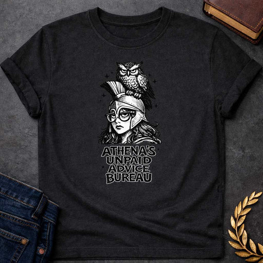 Black T-shirt graphic in black and white ink style featuring Athena wearing a Corinthian helmet and round glasses, with a stern-looking owl perched on top of her helmet. Bold chunky text below reads "Athena's Unpaid Advice Bureau," with small sparkle details scattered throughout the background
