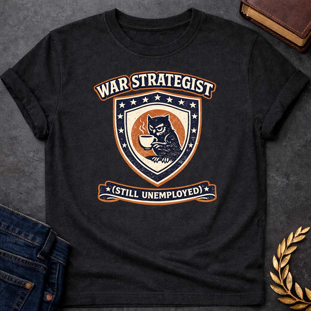 Black T-shirt graphic featuring a vintage varsity-style crest in navy, orange, and cream. A grumpy owl holding a steaming coffee cup is centered on a shield surrounded by stars. An arched banner above reads "War Strategist" and a ribbon banner below reads "(Still Unemployed)," giving the design a humorous tone