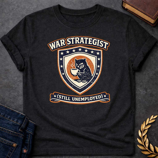 Black T-shirt graphic featuring a vintage varsity-style crest in navy, orange, and cream. A grumpy owl holding a steaming coffee cup is centered on a shield surrounded by stars. An arched banner above reads "War Strategist" and a ribbon banner below reads "(Still Unemployed)," giving the design a humorous tone