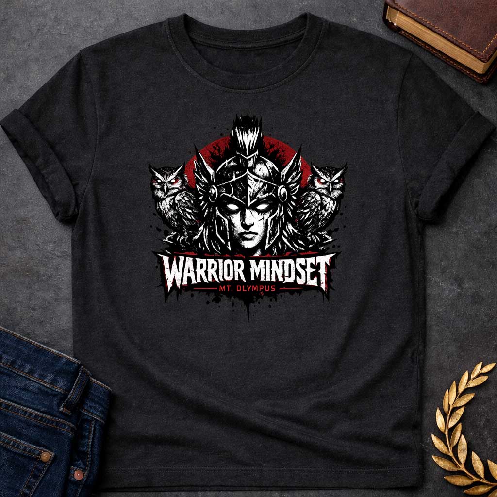 Black T-shirt graphic in a dark, intense ink style featuring a front-facing illustration of Athena in a winged helmet against a deep red circle, flanked by two owls with glowing red eyes. Bold distressed text below reads "Warrior Mindset" with "Mt. Olympus" in red underneath, in a heavy metal-inspired Greek mythology design rendered in black, white, and red