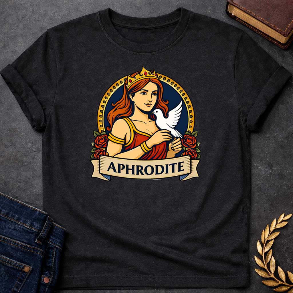 Black T-shirt graphic featuring a vibrant illustrated portrait of Aphrodite, the Greek Goddess of Love, with flowing red hair and a gold crown, wearing a red draped gown with gold bracelets, cradling a white dove in her hands. She is framed within a gold circular border flanked by red roses, with a scroll banner below reading "Aphrodite," in a bold tattoo-inspired style with navy, gold, and red tones