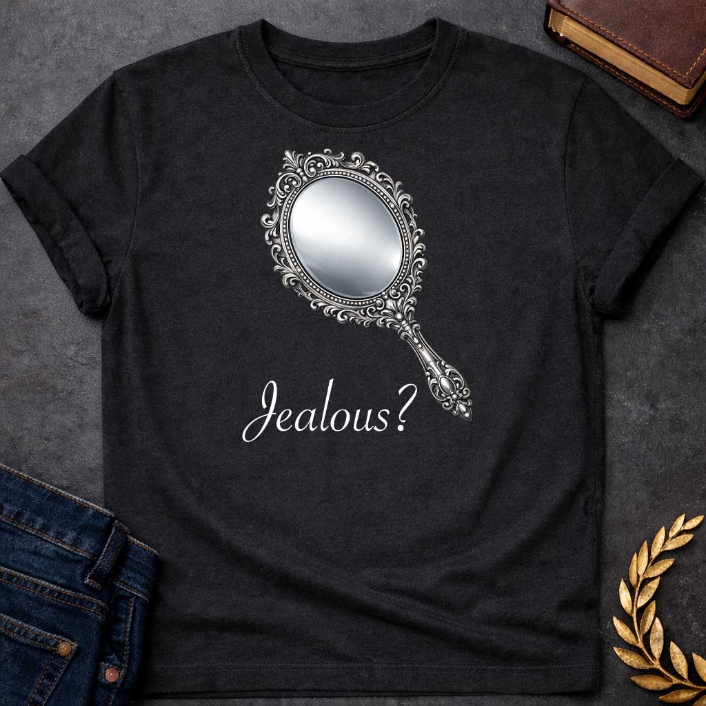 Black T-shirt graphic featuring an ornate silver hand mirror with an oval reflective face, decorated with intricate baroque-style scrollwork, floral motifs, and beaded detailing along the frame and handle, set against a solid black background. Associated with Aphrodite, Greek Mythology Goddess of Love