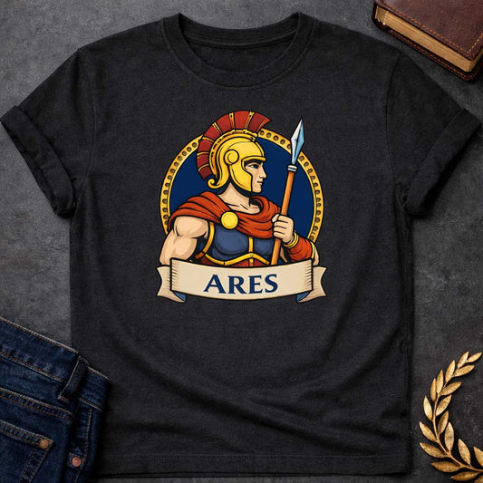 Black T-shirt graphic featuring a vibrant illustrated portrait of Ares, the Greek God of War, shown in side profile wearing a gold Corinthian helmet with a red plume, blue and gold armor, and a flowing red cape fastened with a gold brooch, holding a spear upright. He is framed within a gold circular border against a navy background, with a scroll banner below reading "Ares," in a bold tattoo-inspired style with navy, gold, and red tones
