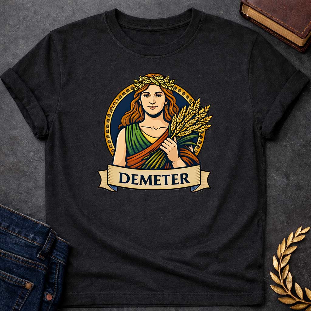 Black T-shirt graphic featuring a vibrant illustrated portrait of Demeter, the Greek Goddess of the Harvest, with long wavy red hair and a golden wheat wreath crown, wearing a layered green, orange, and yellow draped robe, holding a bundle of golden wheat stalks. She is framed within a gold circular border against a navy background, with a scroll banner below reading "Demeter," in a bold tattoo-inspired style with navy, gold, and earth tones