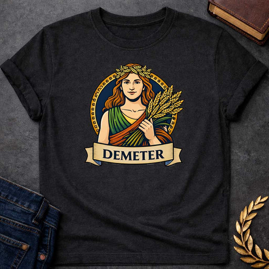 Black T-shirt graphic featuring a vibrant illustrated portrait of Demeter, the Greek Goddess of the Harvest, with long wavy red hair and a golden wheat wreath crown, wearing a layered green, orange, and yellow draped robe, holding a bundle of golden wheat stalks. She is framed within a gold circular border against a navy background, with a scroll banner below reading "Demeter," in a bold tattoo-inspired style with navy, gold, and earth tones