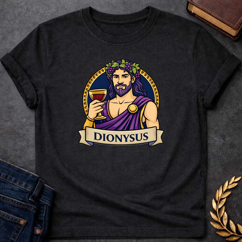Black T-shirt graphic featuring a vibrant illustrated portrait of Dionysus, the Greek God of Wine, with long wavy purple hair and a beard, wearing a grape vine and leaf crown adorned with clusters of purple grapes, dressed in a purple draped robe fastened with a gold brooch, raising a golden goblet filled with red wine. He is framed within a gold circular border against a navy background, with a scroll banner below reading "Dionysus," in a bold tattoo-inspired style with navy, gold, and purple tones