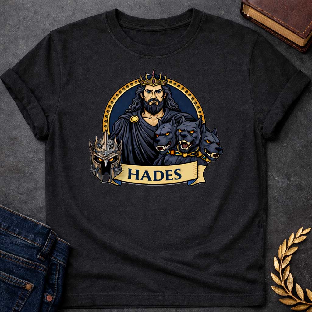 Black T-shirt graphic featuring a vibrant illustrated portrait of Hades, the Greek God of the Underworld, with long dark wavy hair and a beard, piercing blue eyes, wearing a dark hooded cloak fastened with a gold brooch and a jeweled gold crown. He is flanked by the three snarling heads of Cerberus wearing a gold and gemstone collar, with a dark battle helmet displayed to the left. He is framed within a gold circular border against a navy background, with a scroll banner below reading "Hades," in a bold tat