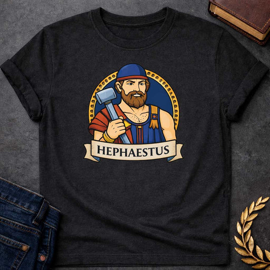 Black T-shirt graphic featuring a vibrant illustrated portrait of Hephaestus, the Greek God of the Forge, depicted as a muscular bearded man with a full red-brown beard, wearing a blue workman's tunic with gold suspenders and a blue cap with a red brim, holding a large silver smith's hammer over his shoulder with soot marks on his chest. He is framed within a gold circular border against a navy background, with a scroll banner below reading "Hephaestus," in a bold tattoo-inspired style with navy, gold, and 