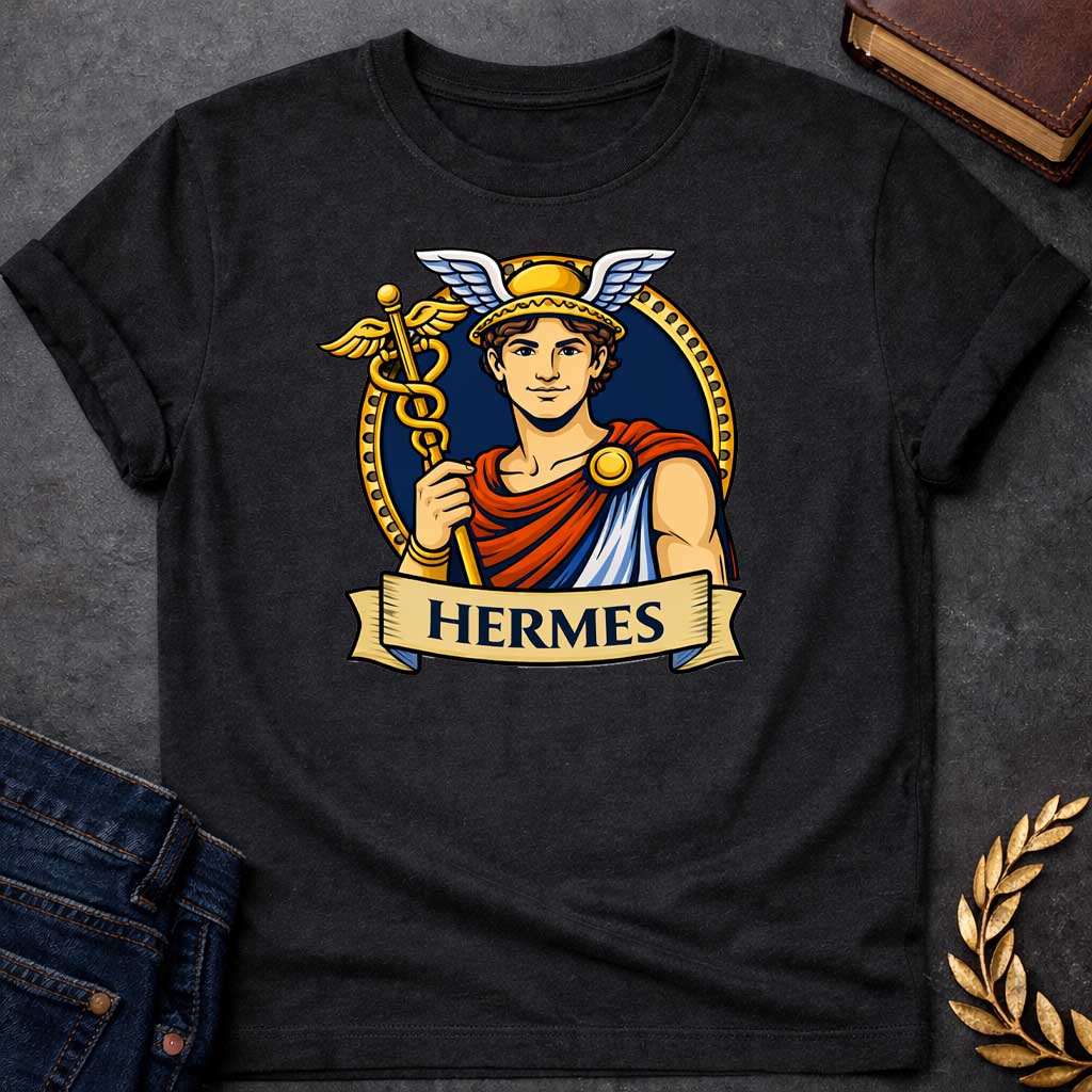 Black T-shirt graphic featuring a vibrant illustrated portrait of Hermes, the Greek Messenger God, as a young man with curly brown hair wearing a gold winged helmet, dressed in a red and blue draped robe fastened with a gold brooch, holding a golden caduceus staff entwined with two serpents and topped with wings. He is framed within a gold circular border against a navy background, with a scroll banner below reading "Hermes," in a bold tattoo-inspired style with navy, gold, and red tones