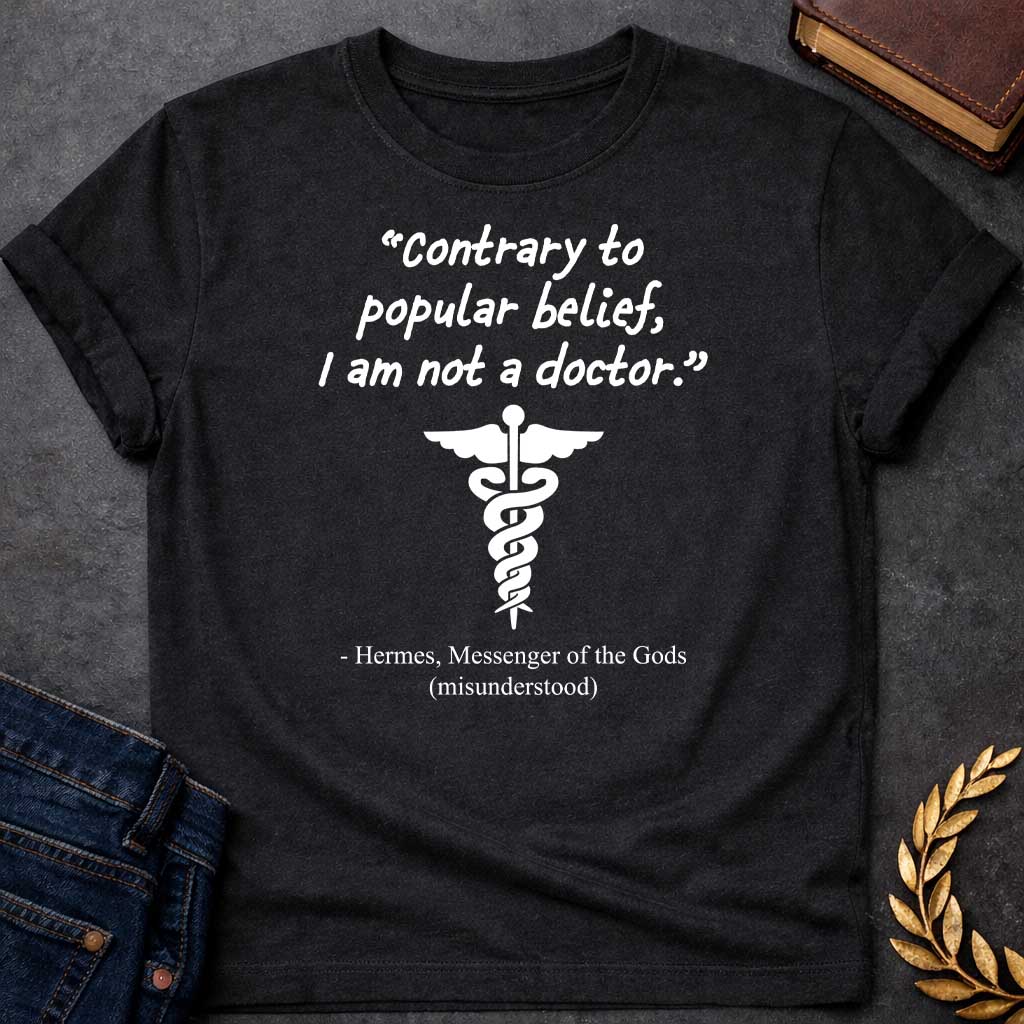 Black T-shirt graphic in white text featuring a handwritten-style quote reading "Contrary to popular belief, I am not a doctor." above a white caduceus symbol, with the humorous attribution below in serif text reading "- Hermes, Messenger of the Gods (misunderstood)," playing on the common confusion between Hermes' caduceus and the medical symbol