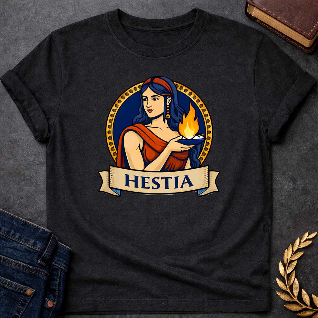 Black T-shirt graphic featuring a vibrant illustrated portrait of Hestia, the Greek Goddess of the Hearth, with long dark blue wavy hair and a red headband, wearing gold drop earrings and a red draped robe, gently cradling a blue oil lamp with a glowing flame in her outstretched hands. She is framed within a gold circular border against a navy background, with a scroll banner below reading "Hestia," in a bold tattoo-inspired style with navy, gold, and red tones