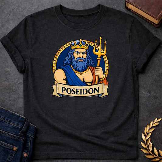 Black T-shirt graphic featuring a vibrant illustrated portrait of Poseidon, the Greek God of the Sea, as a powerful muscular man with long wavy blue hair and a full blue beard, wearing a gold jeweled crown and a blue and red draped robe with a gold necklace, gripping a large golden trident. He is framed within a gold circular border against a navy background, with a scroll banner below reading "Poseidon," in a bold tattoo-inspired style with navy, gold, and blue tones