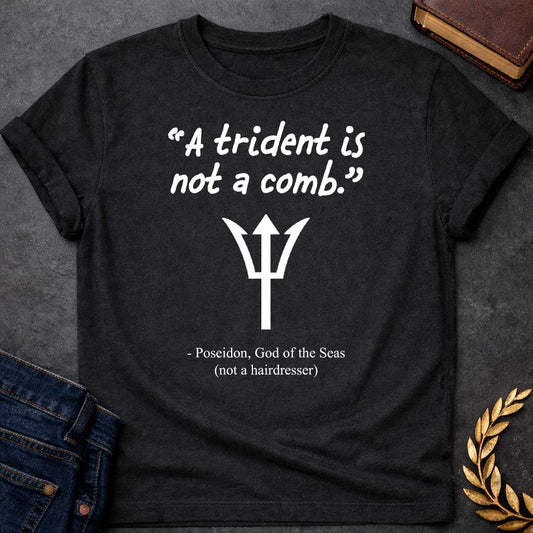 Black T-shirt graphic featuring a white handwritten-style quote reading "A trident is not a comb." above a flat white trident symbol, with the humorous attribution below in clean serif text reading "- Poseidon, God of the Seas (not a hairdresser)