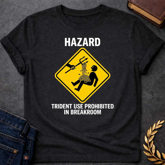 Black T-Shirt with a humorous design featuring a bold, yellow, diamond-shaped warning sign. Inside the sign, a stick figure falls backward, looking shocked as a pile of tangled yellow spaghetti spills from their chest and stomach. Above them, an outstretched black silhouette of a hand holds a trident, which has a forkful of the spaghetti tangled in its tines, appearing to have just pulled the pasta away. Above the sign, the word "HAZARD" is printed in large, white, block letters. Below the sign, the text "T