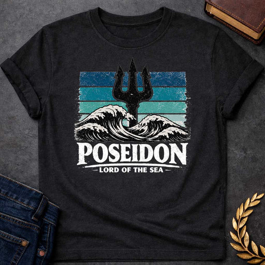 Black T-Shirt vintage-style graphic shirt design.  The central image features a distressed, black silhouette of a trident rising from the center of crashing, white-capped ocean waves. Behind the trident is a square background made of horizontal stripes in shades of blue, teal, and light seafoam, all with a heavily weathered and grainy texture. Below the waves, the name "POSEIDON" is written in large, bold, white distressed block letters. Underneath the name, the title "— LORD OF THE SEA —" is displayed in