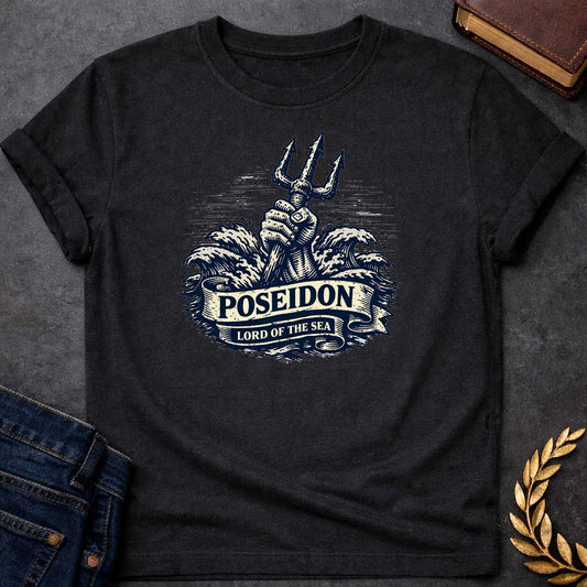 Black T-shirt graphic in a vintage nautical woodcut style featuring a powerful fist rising from crashing ocean waves while gripping a trident upright, with a scroll banner across the middle reading "Poseidon" above and "Lord of the Sea" below, referencing Poseidon, the Greek God of the Sea