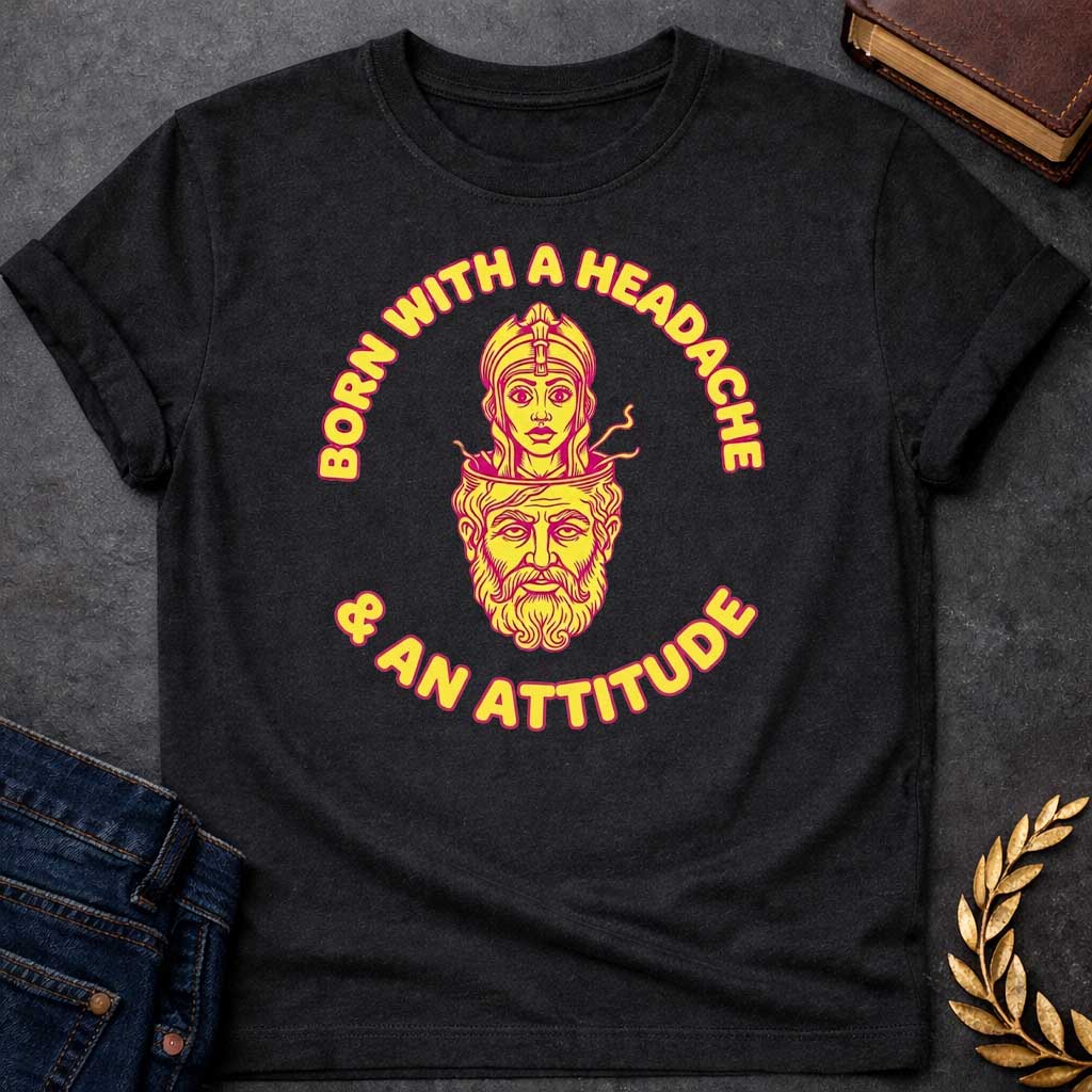 Black T-shirt graphic in yellow and pink featuring a retro illustration of Athena emerging from the split-open head of Zeus, depicted as a bearded older man with his cranium open at the top. Bold rounded yellow text with pink outline curves around the circular design reading "Born with a Headache" arched above and "& an Attitude" arched below — a humorous reference to the Greek myth of Athena's birth, in a vintage biker patch style set