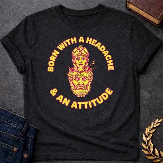 Black T-shirt graphic in yellow and pink featuring a retro illustration of Athena emerging from the split-open head of Zeus, depicted as a bearded older man with his cranium open at the top. Bold rounded yellow text with pink outline curves around the circular design reading "Born with a Headache" arched above and "& an Attitude" arched below — a humorous reference to the Greek myth of Athena's birth, in a vintage biker patch style set