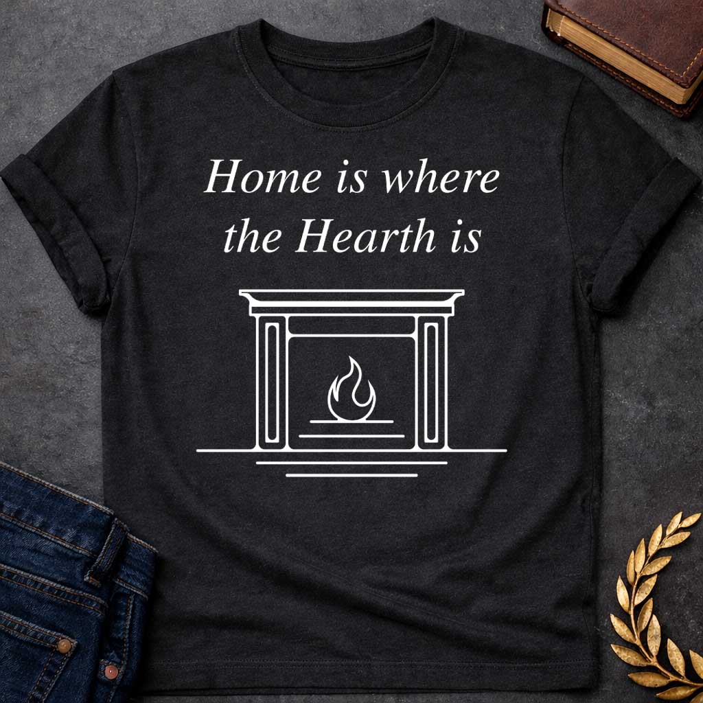 Black T-shirt graphic in white featuring elegant italic serif text reading "Home is where the Hearth is" above a clean minimal line-art illustration of a fireplace mantel with a flame burning inside — a wordplay pun referencing Hestia, the Greek Goddess of the Hearth