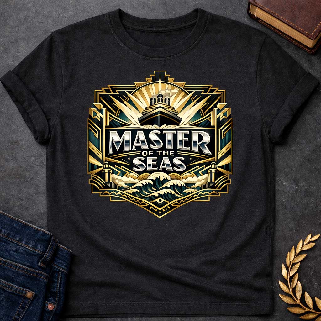 Black T-shirt graphic featuring a lavish Art Deco shield-shaped badge design in dark teal, gold, and silver. A ocean liner ship emerges from sunburst rays at the top, above bold silver chrome text reading "Master of the Seas" centered on a dark background, with stylized crashing gold and teal waves below and ornate geometric architectural columns flanking the sides — referencing Poseidon, the Greek God of the Sea