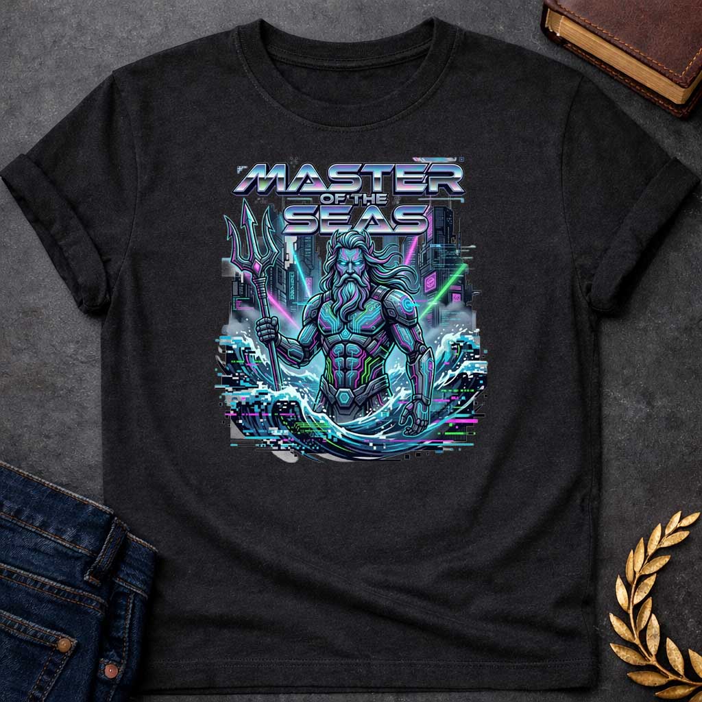 Black T-shirt graphic featuring a cyberpunk reimagining of Poseidon, the Greek God of the Sea, depicted as a powerful bearded figure in glowing neon-lit futuristic armor with circuit board detailing, wielding a high-tech trident, rising from crashing waves against a dark dystopian cityscape backdrop with glitch effects and pixel artifacts. Bold chrome holographic text arched above reads "Master of the Seas" in a retro-futuristic font, rendered in neon teal, purple, and green tones,
