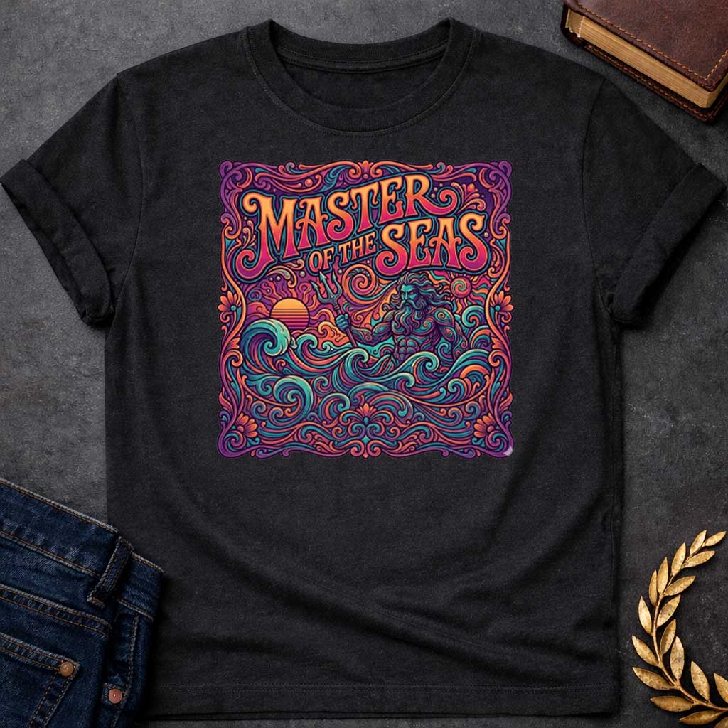 Black T-shirt graphic featuring a vibrant psychedelic 1970s-inspired illustration of Poseidon, the Greek God of the Sea, rising from swirling ornate waves while holding a trident, with a retro sunset on the left, all enclosed in an intricate decorative scrollwork and floral border. Bold groovy hand-lettered text arched across the top reads "Master of the Seas" in orange and teal, rendered in a rich kaleidoscopic palette of teal, orange, purple, and pink