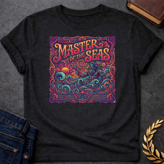 Black T-shirt graphic featuring a vibrant psychedelic 1970s-inspired illustration of Poseidon, the Greek God of the Sea, rising from swirling ornate waves while holding a trident, with a retro sunset on the left, all enclosed in an intricate decorative scrollwork and floral border. Bold groovy hand-lettered text arched across the top reads "Master of the Seas" in orange and teal, rendered in a rich kaleidoscopic palette of teal, orange, purple, and pink