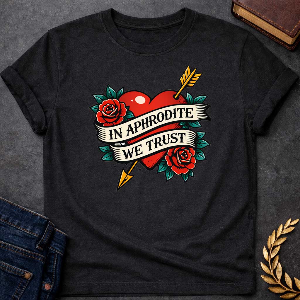Black T-shirt graphic in a classic American traditional tattoo style featuring a bold red heart pierced diagonally by a gold arrow, flanked by two red roses with teal green leaves, with a cream scroll banner wrapped around the heart reading "In Aphrodite We Trust" in black serif text — referencing Aphrodite, the Greek Goddess of Love, and Eros whose golden arrow inspired love