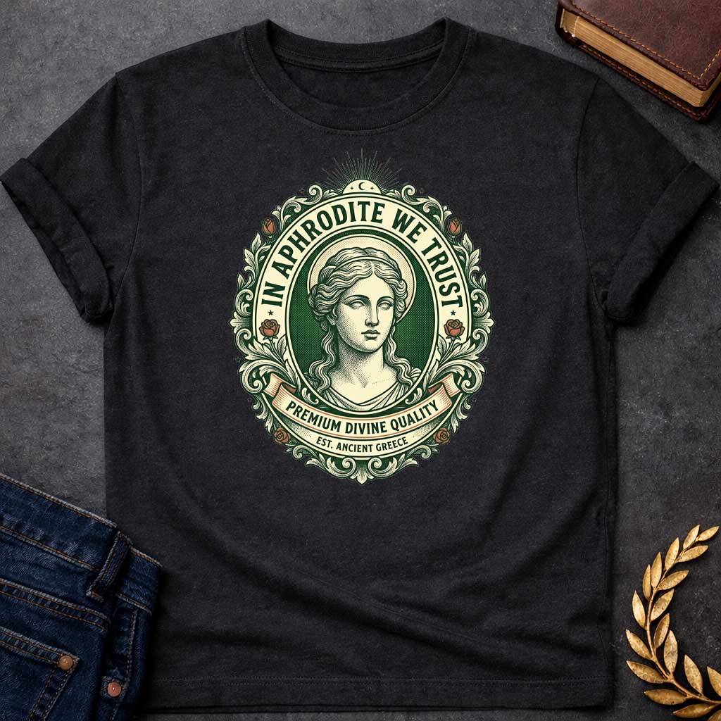 Black T-shirt graphic featuring a vintage apothecary label-style oval badge design in forest green, cream, and terracotta. A detailed engraving-style portrait of Aphrodite is centered within the badge, surrounded by ornate scrollwork and flanked by red roses, with a crescent moon and sunburst radiating from the top. Text arched around the inner circle reads "In Aphrodite We Trust," with a scroll banner below reading "Premium Divine Quality" and smaller text underneath reading "Est. Ancient Greece,"